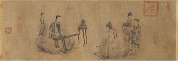 仿古畫名畫復制品元王振朋伯牙鼓琴圖卷30x88厘米人物畫國畫字畫