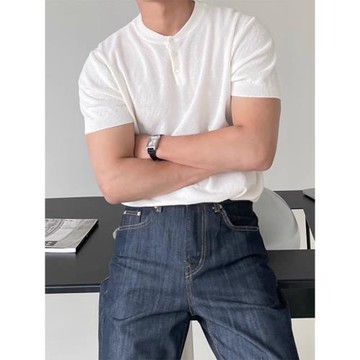 黑色亨利領短袖t恤男夏季新款潮牌流行透氣針織體恤復古百搭上衣