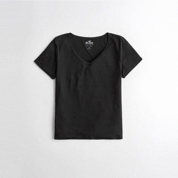 海鷗 Hollister HCO 經典刺繡海鷗V領素面短袖T恤(女)-黑色