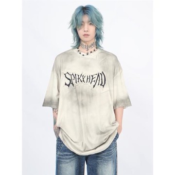 Mz 美式復古廢土風做舊臟染刺繡貼布短袖T恤男潮牌小眾寬松上衣