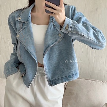 【Fee隔日到貨3色】騎士風水洗拉鍊牛仔短版外套🔥顯瘦短版 拼接牛仔外套 短版外套 丹寧牛仔外套 擋風外套 女