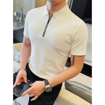 高級感拉鏈男士短袖polo衫夏季薄款透氣網眼商務休閑修身翻領t恤