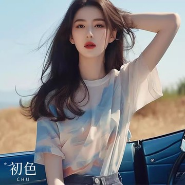 初色 暈染印花簡約圓領短袖寬鬆T恤上衣女上衣-白色-35847(M-2XL可選)