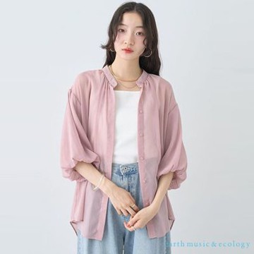 〚earth music〛透明感燈籠袖剪裁無領襯衫