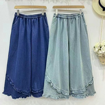 ＊ORead＊韓系鬆緊腰花邊牛仔寬褲(2色F碼)