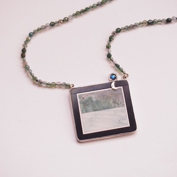 天然綠碧玉鑲嵌框架吊墜 苔紋瑪瑙 月光石 手工銅雕金 純銀項鍊