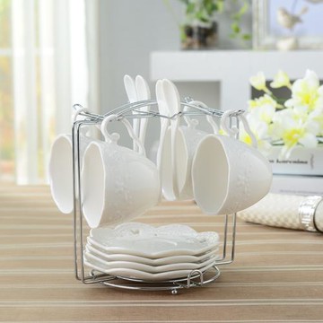 歐式浮雕咖啡杯碟套裝陶瓷下午茶甜品杯家用咖啡杯碟子帶勺子鐵架