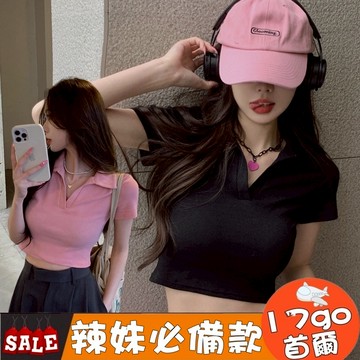 台灣現貨 🔥B48 甜辣妹短版設計感學生羅紋上衣 修身Polo短袖T恤女 短版上衣 露肚上衣 性感上衣 顯瘦上衣 辣妹