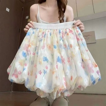 夏季新款大碼碎花蓬蓬花苞A字短褲女高腰顯瘦小個子休閒熱褲休閒短褲 女生短褲 顯瘦短褲 高腰短褲 闊腿褲