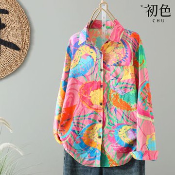 初色 度假風色彩繽紛印花寬鬆翻領排釦長袖襯衫上衣女上衣-花色-15060(M-2XL可選)