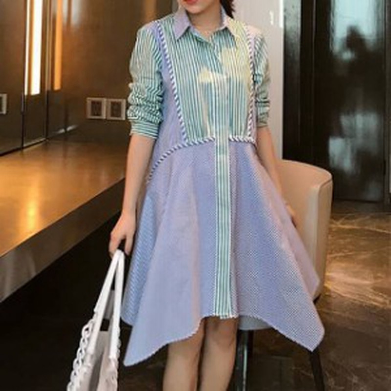 夏新作 ストライプシャツ シャツワンピース ビッグシルエット 膝丈 ワンピース きれいめ レディース アシンメトリー ワンピース 通販 Lineポイント最大1 0 Get Lineショッピング