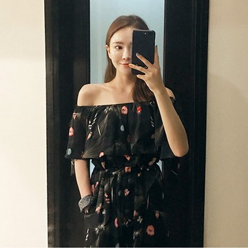 FINDSENSE G5 韓國時尚 夏季 新款 韓版 一字肩 雪紡 高腰 闊腿 連體 褲子