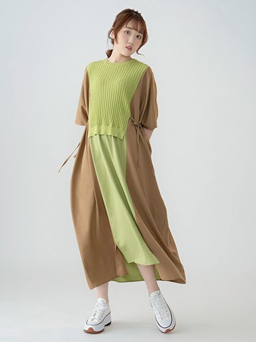 異素材拼接側邊抽繩洋裝(LA41L0H0100) - earth music&ecology