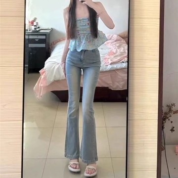 胖胖美依 長褲 牛仔褲 熱褲 S-2XL水洗藍微喇牛仔褲夏季高腰顯瘦小個子彈力修身喇叭馬蹄-7618.