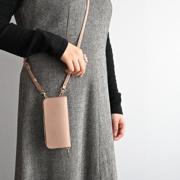 相容於所有型號可旋轉圓形拉鍊袋長智慧型手機保護套 [收縮皮革] 含肩帶智慧型手機肩姬路皮革真皮 FS37K