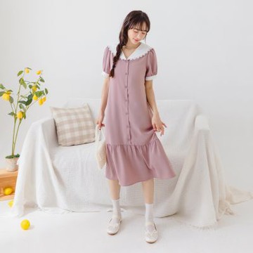 OB嚴選中大尺碼-小V臉．V領雪紡蕾絲領片魚尾長洋裝《DA9625》