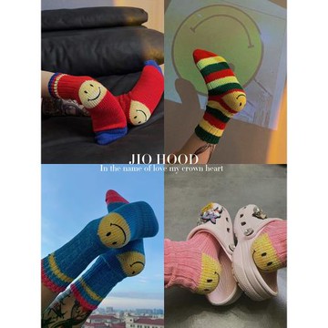 IJIO情侶潮酷KAPITAL平田小眾燙印笑臉撞色手工粗針線中筒潮襪