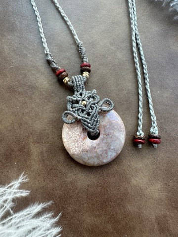 N1172 民族風 蠟線編織 珊瑚玉 平安扣 銅珠 頸鏈 (可調長度)