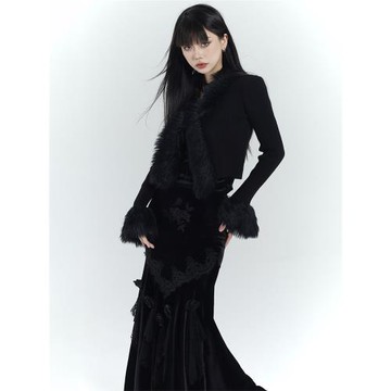 幽靈少女黑色毛衣開衫女厚實軟糯毛領針織衫外套清冷富家千金穿搭