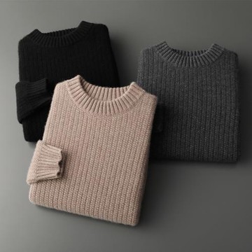 輕奢羊絨衫男圓領套頭100%純山羊絨針織打底衫三股加厚簡約提花潮