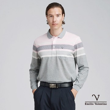 Emilio Valentino 范倫鐵諾男裝精梳棉胸袋薄長袖POLO衫_粉/灰(21-4V8861)