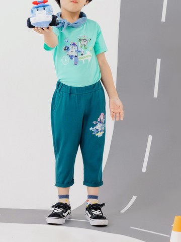 POLI 波力．純棉印花口袋鬆緊腰反摺七分褲