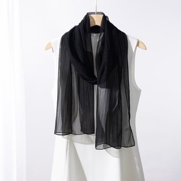 上海故事100%桑蠶絲紗巾女春夏季2025新款黑色真絲絲巾雪紡長巾款