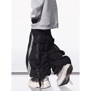 UUCSCC嘻哈潮牌寬松運動三杠長褲時尚束腳燈籠褲黑色工裝闊腿褲男