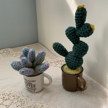 蕈菇與多肉造型擺件 針織手作 /附咖啡杯