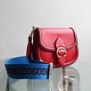 COACH BEAT 金屬C LOGO雙背帶翻蓋肩/斜背馬鞍包(紅)