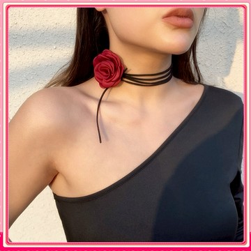 全店商品滿77元出貨 手工玫瑰項鍊 花朵頸鍊 緞面絲絨項鏈 優雅輕奢項圈 百搭設計鎖骨鏈 簡約顯白頸鍊