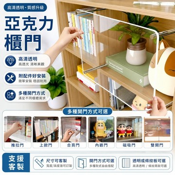 【尺寸客製】壓克力櫃門 痛櫃 免鑽孔透明防塵門板 開放式書櫃公仔展示櫃 廚房櫥櫃門 DIY自裝送配件｜台灣出貨附發票