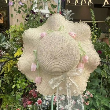 🔥品質保障🔥園風森係蝴蝶結蕾絲草帽女夏季花朵鬱金香大帽簷防曬帽海邊沙灘田