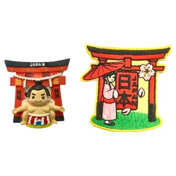 A-ONE 匯旺 招福開運相撲 Sumo旅遊磁鐵 + 日本和服少女鳥居臂章 2件組 刺繡材質 聚酯纖維  磁貼(1.77 x 1.69in) + 臂章(2.36 x 2.36in)  相撲 Sumo旅遊 日本和服少女鳥居