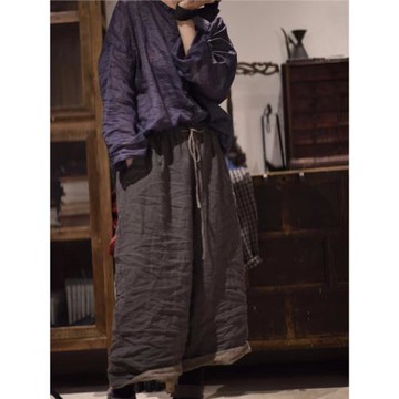 文藝復古做舊亞麻水洗抽繩系帶寬松闊版休閑褲女直筒褲長褲春夏