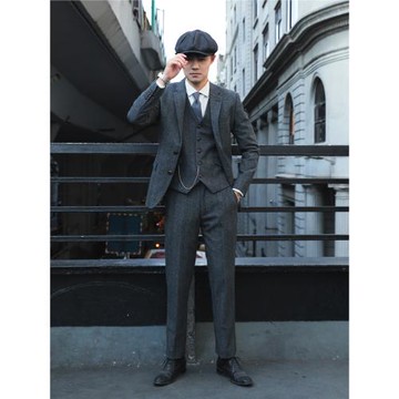 復古英倫雅痞紳士 浴血黑幫風羊毛粗花呢人字紋修身西服三件套裝