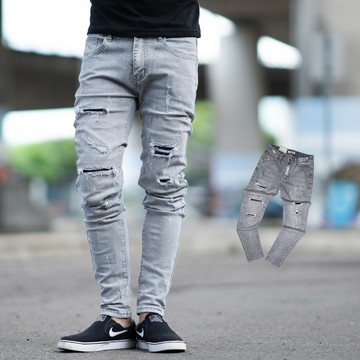 【NB1548J】淺灰刷色抽鬚黑色補丁合身窄版牛仔褲(MW6057)