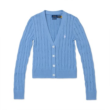 RALPH LAUREN POLO 熱銷V領刺繡小馬麻花開襟外套 上衣(女)-水藍色