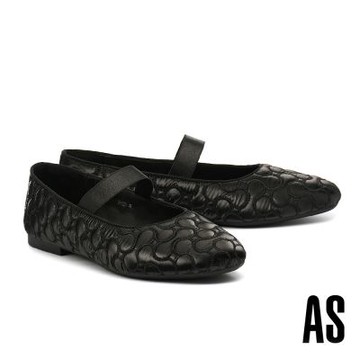 平底鞋 AS 優雅舒適泡泡電繡布繫帶瑪莉珍平底鞋－黑