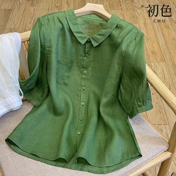 初色 棉麻風寬鬆純色翻領五分袖短袖排釦口袋襯衫上衣女上衣-共5色-50815(M-3XL可選)