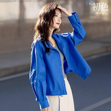 初色 純色立領鬆弛感單排釦長袖繫帶夾克外套女外套-藍色-11041(M-2XL可選)