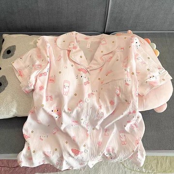 【砂糖夢境】粉色小乖KT貓睡衣夏天女雲朵棉短袖短褲套裝可愛可外穿家居服套裝