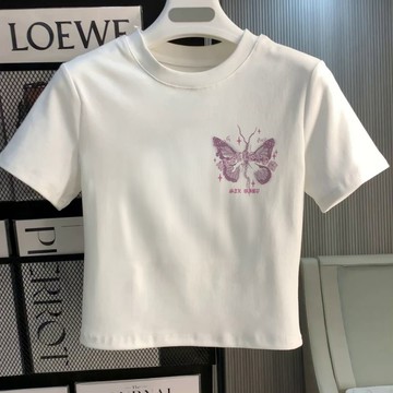 紫蝴蝶 棉質短袖 短t 短板上衣 厚磅短t  蝴蝶結 短版衣服 短板 韓系短袖 韓系短T 正肩 短袖 短版 t恤 上衣女