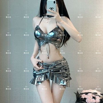 【臺灣有貨】新款歐美酒吧dj女團gogo秀領舞DS錶演爵士舞性感銀色短裙套裝舞臺