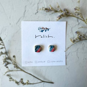 海軍藍x粉紅 繪付 陶器 金繼 線條 耳環/耳針 無耳洞耳環 藍色 小巧 迷你 方形 簡約 金色