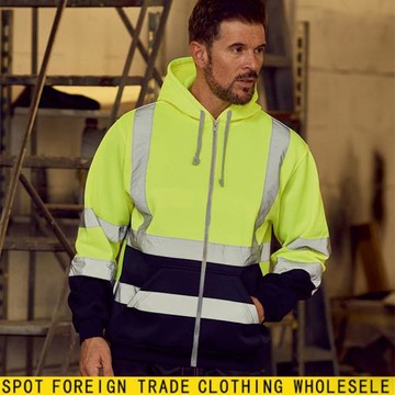 TK外貿TEMU男士連帽衛衣反光條環衛工作服抓絨拼色拉鏈衛衣男上衣