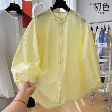 初色 韓系慵懶風寬鬆圓領長袖單排扣輕薄防曬空調衫襯衫上衣女上衣-共2色-13717(M-2XL可選)