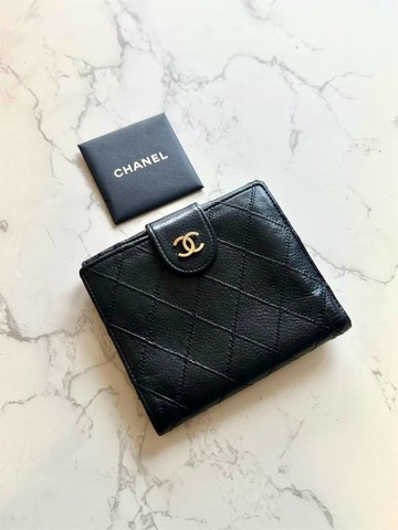 中古Chanel雙面魚子醬皮革 黑色短夾 皮夾 錢包 小包 古董二手包