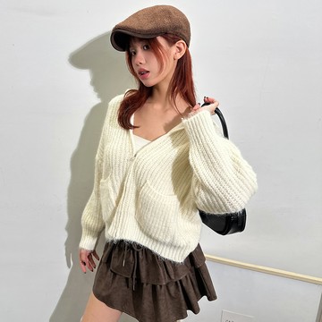 大口袋連帽毛線外套-杏【KT281071】