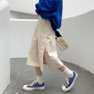 自制日系米杏色工裝風半身裙學生復古簡約開叉中長款過膝高腰裙子